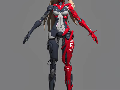 Futuristic Game And Movie Character With Red Black Mechanical Armor Blonde Hair And Number 5 3d model