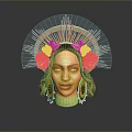 Woman In Golden Headdress With Rose Decorations Mesh Details And Golden Collar On Gray Background