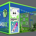 Vibrant Interactive Zone With Green Frame Blue Netting Bunting Decorations And Bicycle Graphic 3d model