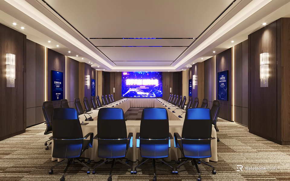Modern Conference Room With Long Table Black Chairs And Large Blue Display Screen 3d model 