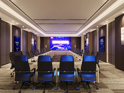 Modern Conference Room With Long Table Black Chairs And Large Blue Display Screen 3d model