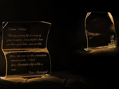Crystal Table Lamp With Engraved Text And Unique Curved Design Illuminated In Dark Room 3d model