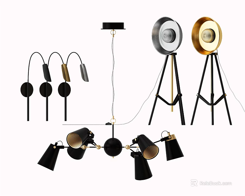 Modern Lighting Combinations With Pendant Lights Floor Lamps And Black Gold Metal Design 3d model 