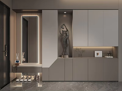 Modern Entryway Shoe Cabinet with Mirror Decorative Items and Sleek Lighting Design 3d model