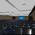 Spacious Conference Room Interior With Blue Seats White Ceiling And Wall Emblem 3d model