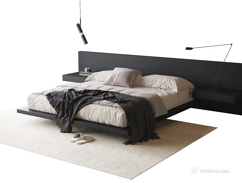 Modern Double Bed Interior with Black Headboard Light Bedding Dark Blanket and Area Rug 3d model