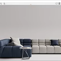 Modern Sectional Sofa Blue And Gray With Plush Cushions Accompanied By Metal Frame Side Table