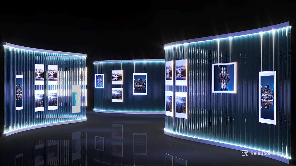 Modern Activity Passageway Featuring Curved Display Walls Picture Exhibits And Blue Lighting Accents 3d model 