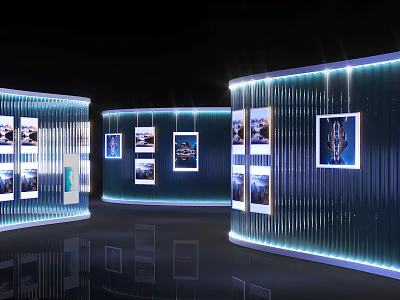 Modern Activity Passageway Featuring Curved Display Walls Picture Exhibits And Blue Lighting Accents 3d model