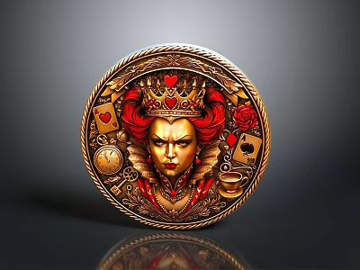 Decorative Round Medallion Featuring Queen of Hearts Red Roses Cards Clock and Golden Rope Border 3d model
