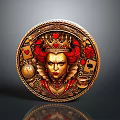 Decorative Round Medallion Featuring Queen of Hearts Red Roses Cards Clock and Golden Rope Border