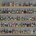 Wine Bottles and Glasses Collection Arranged on Multiple Wooden Shelves with Various Labels