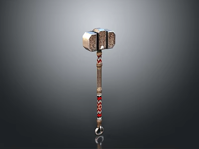 Decorative Weapon Thor Hammer With Metallic Carved Head And Red Gold Striped Handle 3d model