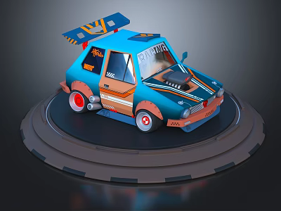 Cartoon Blue And Orange Car With Roof Wing Racing Text Red Wheels On Circular Stand 3d model