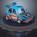 Cartoon Blue And Orange Car With Roof Wing Racing Text Red Wheels On Circular Stand