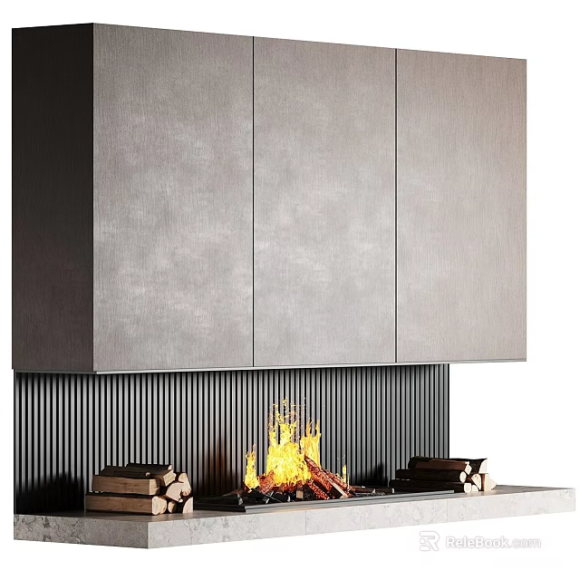 Modern Fireplace Interior With Ribbed Panel Burning Flames And Stacked Logs 3d model