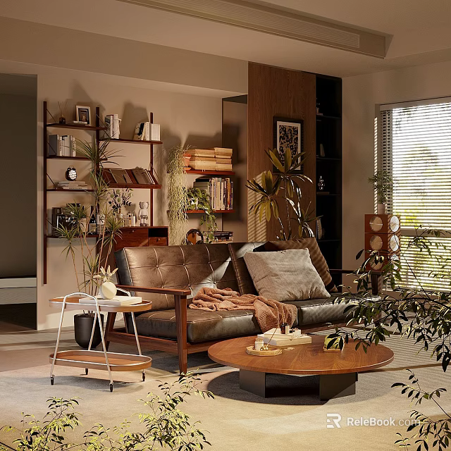 Cozy Natural Living Room Interior With Brown Leather Sofa Wooden Coffee Table And Plants 3d model 