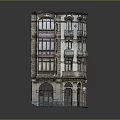 Cartoon Scene of Multi Story Vintage Building with Ornate Balconies Arched Windows and Storefronts