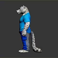 Anthropomorphic Snow Leopard Wearing Blue T-Shirt And Blue Pants Standing On Gray Background With Reflection