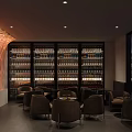 Modern Dark Bar Interior With Bar Stools Wine Racks And Ambient Lighting