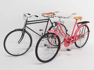 Black and Pink Vintage Bicycles With Leather Seats And Curved Handlebars 3d model