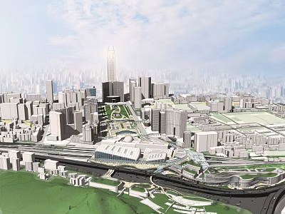 Modern Urban Station in Cityscape with High Rise Buildings and Green Spaces 3d model