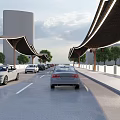 Scenic Landscape Bridge Over Water With Sail Canopy Greenery Reflection And Modern Buildings