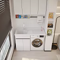 Modern Living Room Interior With Window Blinds City View White Cabinets Washing Machine And Sofa