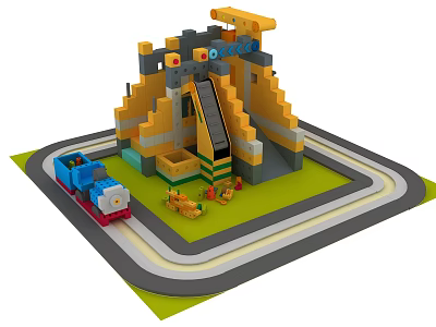 Kids Playground With Block Built Castle Structure Slide Train Track And Animal Figures 3d model