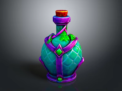 Lifestyle Product Purple Blue Bottle With Red Cap Green Decorations Purple Straps And Green Gemstones 3d model