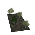 Scenic Garden With Wooden Walkway Steps Trees Stones And Green Plants