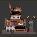 Cartoon Shop Building with Colorful Roof Chimney Decorative Windows Green Bottles Gear Elements on Platform