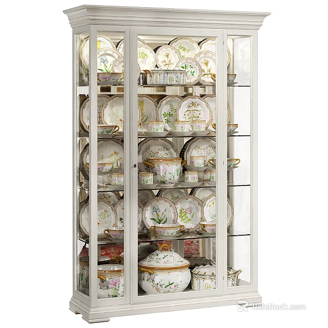 Elegant Glass Door Sideboard For Kitchen Storage Displaying Porcelain Plates Bowls And Jars 3d model 