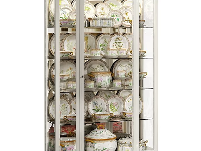 Elegant Glass Door Sideboard For Kitchen Storage Displaying Porcelain Plates Bowls And Jars 3d model