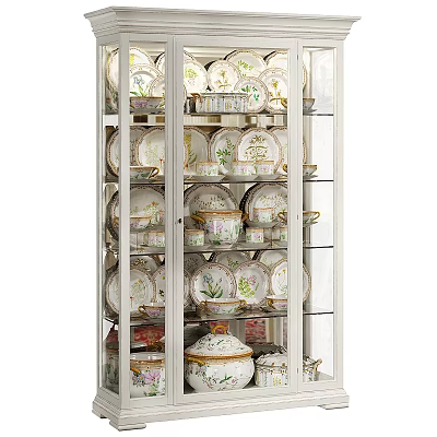 Elegant Glass Door Sideboard For Kitchen Storage Displaying Porcelain Plates Bowls And Jars 3d model