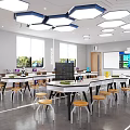 Modern School Classroom With White Tables Yellow Chairs Hexagonal Lights And Smart Whiteboard