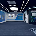 Modern Contemporary Indoor Space Interior With Curved Large Screen Central Column And Blue Carpet