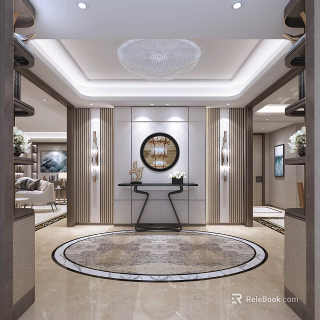 Elegant Modern Foyer Hallway Interior Design With Crystal Chandelier Round Mirror Decorative Rug Console Table 3d model 