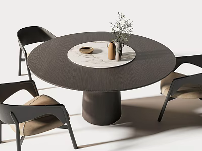 Modern Round Dining Table Set With Four Chairs And Decorative Vase Plate 3d model