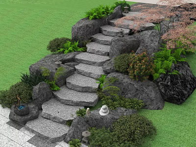 Garden Landscape Design With Stone Steps Rocks And Green Plants On Lawn 3d model