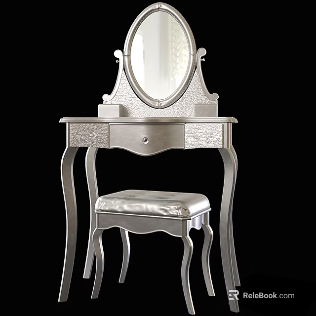 Elegant Silver Vanity Table Design With Decorative Mirror And Leather Stool 3d model 