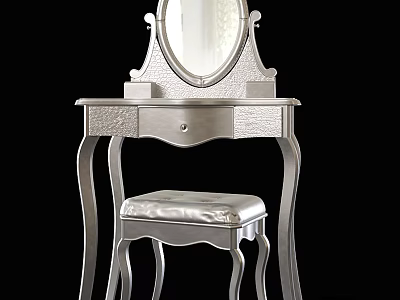 Elegant Silver Vanity Table Design With Decorative Mirror And Leather Stool 3d model