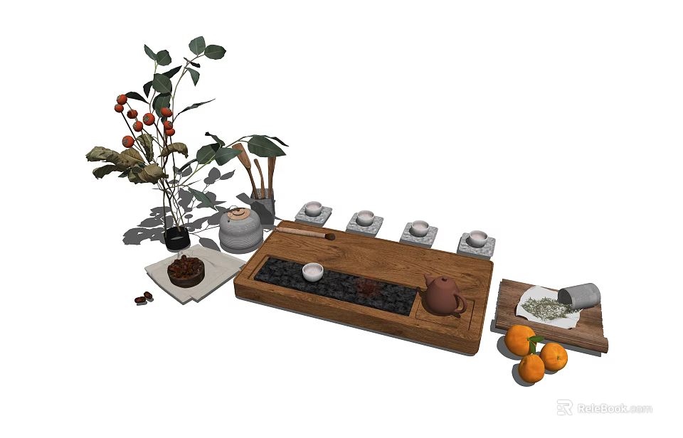 Elegant Tea Set With Wooden Tray Ceramic Cups Teapot And Fresh Oranges 3d model 