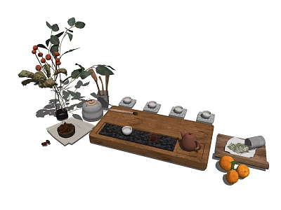 Elegant Tea Set With Wooden Tray Ceramic Cups Teapot And Fresh Oranges 3d model