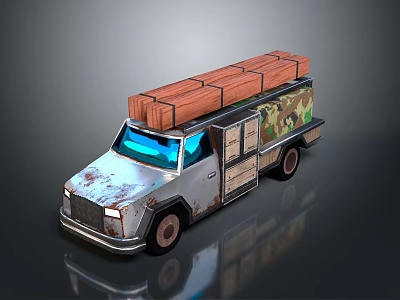 Rusty Silver Truck With Blue Windows Camouflage Sides And Wooden Planks On Top 3d model