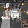 Industrial Milk Tea Shop Interior With Gray Walls Metal Lights Wooden Chairs And Marble Counter