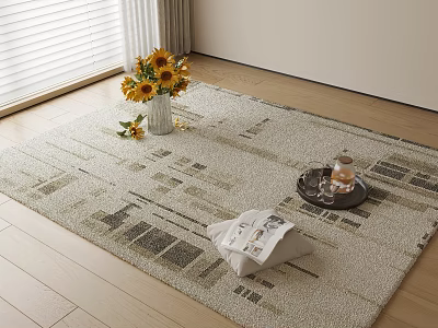 Square Carpet On Wooden Floor With Beige Gray Geometric Pattern And Sunflower Vase Tray Pillow 3d model