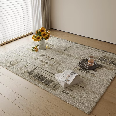 Square Carpet On Wooden Floor With Beige Gray Geometric Pattern And Sunflower Vase Tray Pillow 3d model
