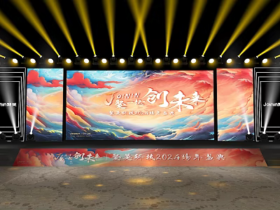 Grand Stage Design With Yellow Spotlights And Large Screen Red Blue Cloud Background 3d model