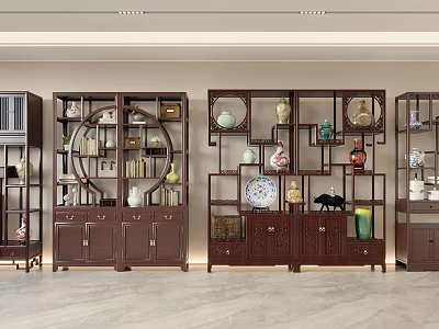 Chinese Traditional Wooden Display Shelves With Antique Vases Porcelain And Decorative Items 3d model